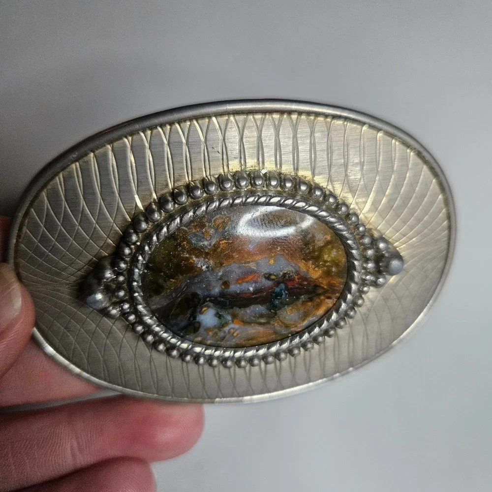 Vintage Western Belt Buckle Silver Tone Oval Agate Jasper Stone Southwestern Art